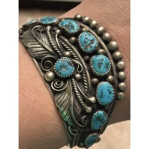 VTG JAMESON LEE NAVAJO ~52 GRAMS ~ 925 STERLING SILVER & TURQUOISE CUFF BRACELET